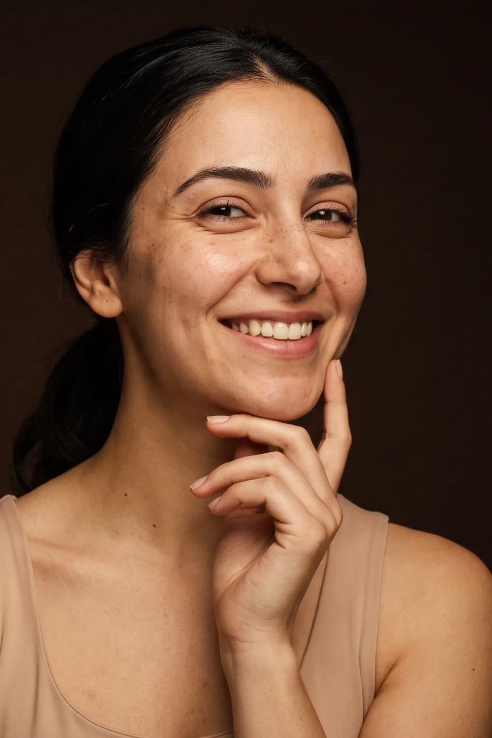 Femme souriante, la main au menton