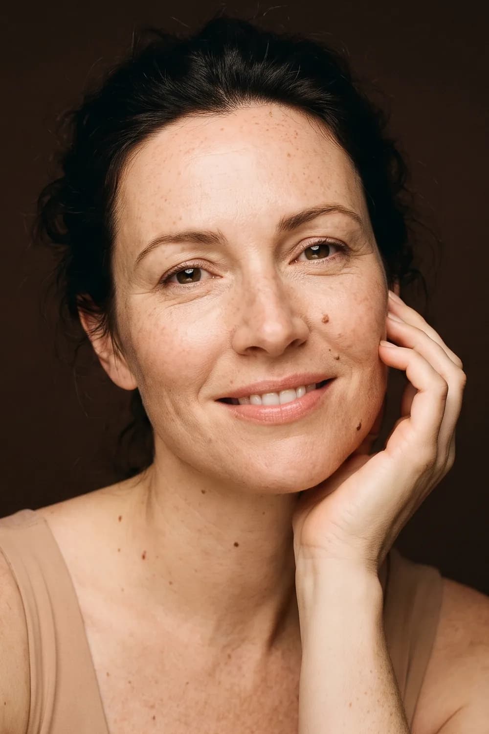 Femme souriante, la main sous le menton